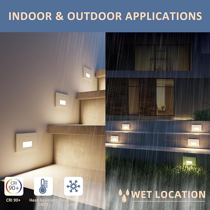 4 Pack Motion Sensor LED Step Lights, 3CCT Adjustable 3000K/4000K/6000K Stair Lights, 4W 300LM Dimmable Staircase Lighting, IP65 Waterproof for Indoor Outdoor, 120V Hardwired, ETL, White