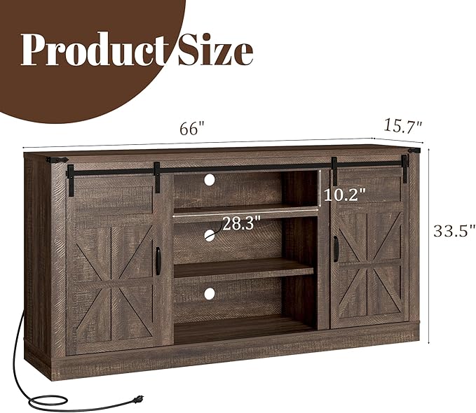 66" Farmhouse TV Stand for 75 Inch TV, 33" Tall Entertainment Center with Power Outlets & Sliding Barn Door, Wood TV Stands with Storage, TV Media Console for Living Room, Brown