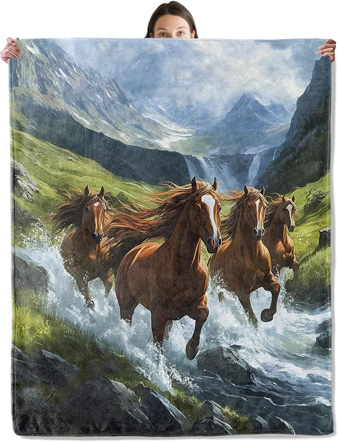 Running Horses Blanket, Cozy Flannel Stallions in Mountain Stream Throw Blanket for Couch Outdoor, Plush Soft Lightweight Travel Blankets for Bed Decor and Gifts, for Women Adults Kids 40"x50"