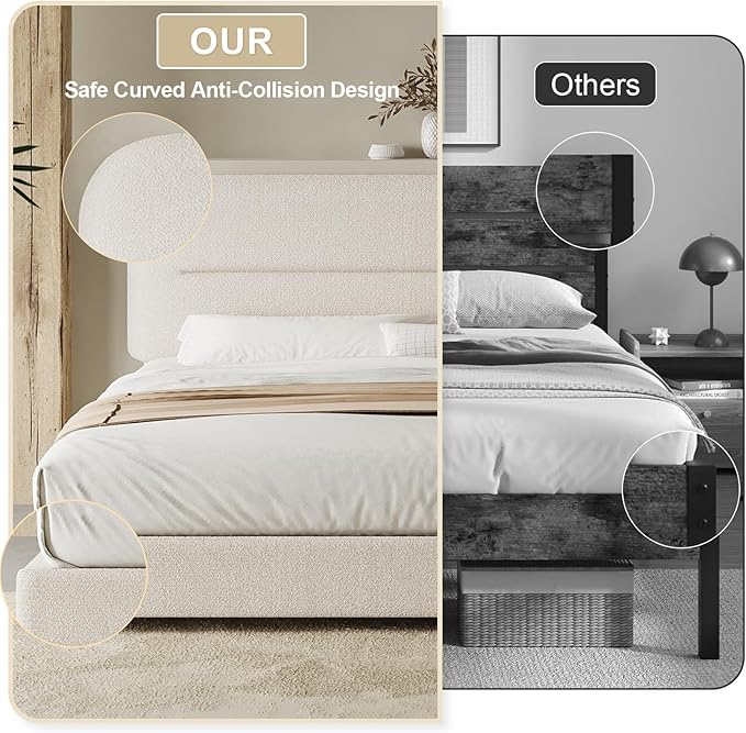 HOMBCK Twin Size Boucle Upholstered Bed Frame with Headboard, Twin Bed Frame for Kids, Soft Rounded Corners, Wooden Slats, No Box Spring Required, Easy Assembly, Cream