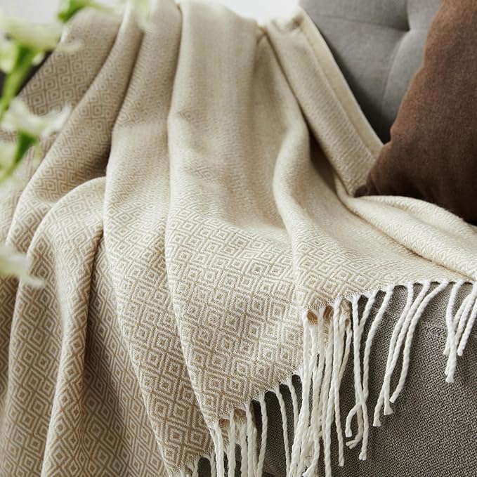BOURINA Throw Blanket Decorative Faux Cashmere Fringe Lightweight Throw Soft Cozy for Bed or Sofa Outdoor Blanket, 50" x 60" Light Beige