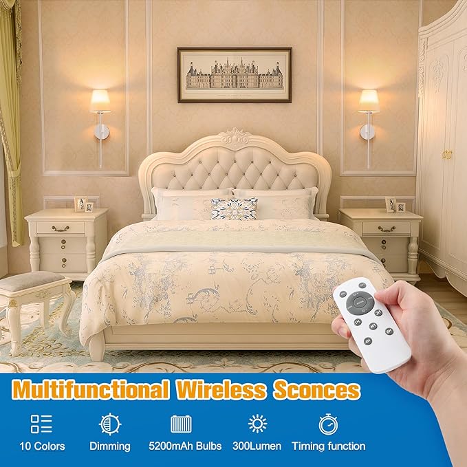 NIORSUN 19.9 inch Battery Operated Wall Sconce Set of 2,Brushed Nickel Rechargeable Wall Lights with 5200mAh Dimmable Detachable Bulbs and Remote,10 Colors Wireless Sconces for Bedroom Living Room