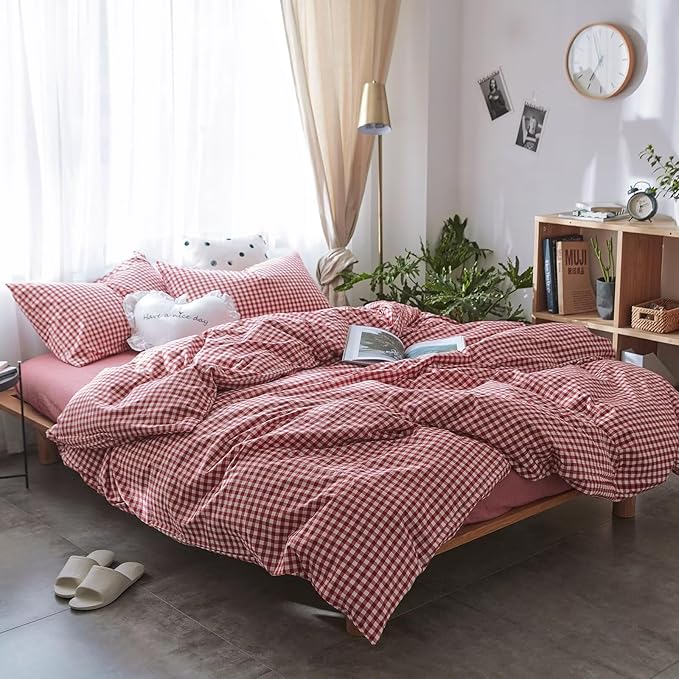 mixinni Red Gingham Comforter Set Twin XL, Plaid Comforter Set 3 Pieces 1 Red Grid Comfoter with 2 Pillow Cases for All Seasons, Soft Fluffy Modern Grid Pattern Printed Bedding-Twin XL Size