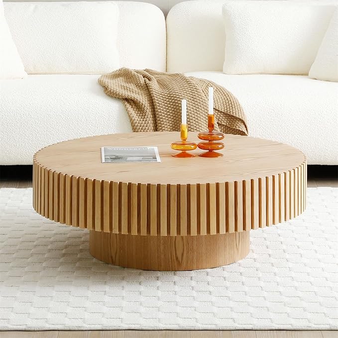 Round Coffee Table for Living Room, Accent Fluted Drum Coffee Table with Storage, Modern Solid Wood Circle Center Tea Table for Small Space Apartment (39.4''D×14''H-Natural)