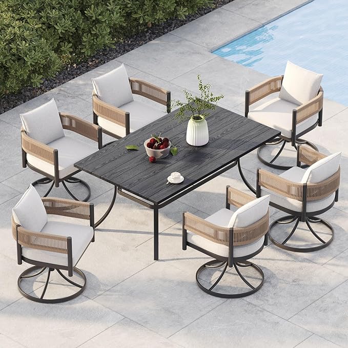 Grand patio Outdoor Dining Set, 7-Piece Patio Table and Chairs Set, Metal Woven Wicker Swivel Patio Chairs with Thickened Cushions & 1 Rectangular Woodgrain Dining Table with Umbrella Hole (Natural)