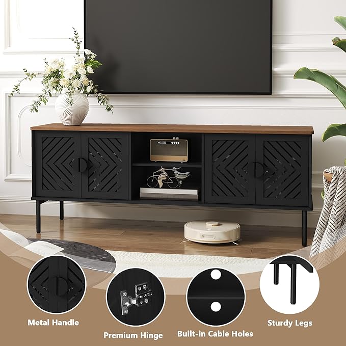 ARTPOWER 63" Modern TV Stands for Living Room, Long Entertainment Center with Storage, TV Console for 55 60 65 70 Inch TV, Bedroom TV Cabinet with Doors, Wood Media Console, Television Stand, Black