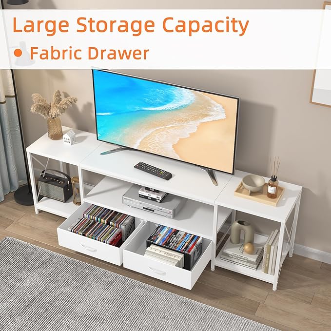 TV Stand with Fabric Drawers for 55 60 65 Inches TV - Entertainment Center and Industrial TV Console Table with Open Storage Shelves for Living Room, Bedroom - 55.1" White