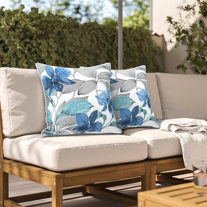 Outdoor Throw Pillows Inners, Fade Resistant Patio Furniture Square Pillows with Piping Set of 2, 18x18 Inch, Clemens Blue