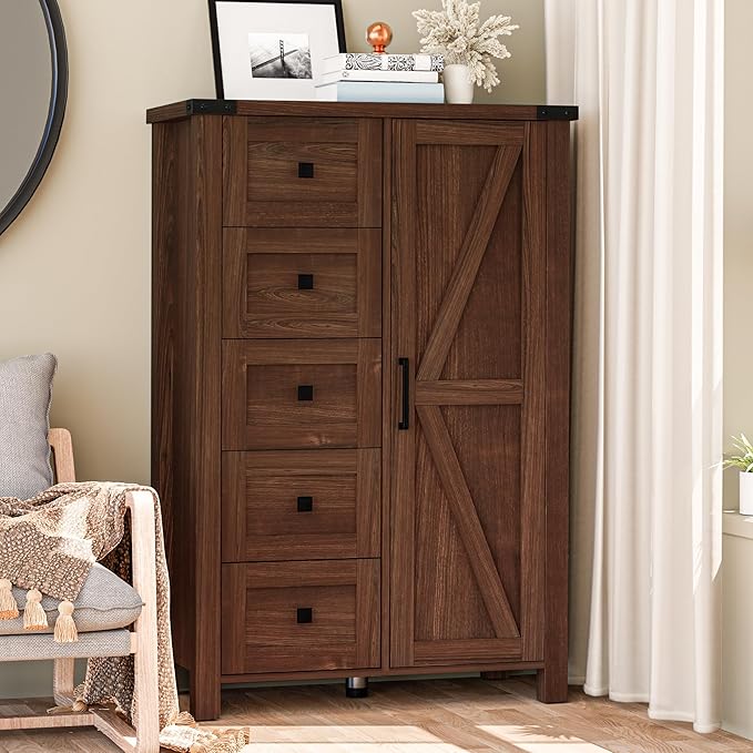 Farmhouse 48 Inch Tall Dresser Chest of Drawer for Bedroom, 5 Drawer Storage Cabinet with Barn Door, Adjustable Shelves, Rustic, for Living Room, Entryway, Hallway, Cherry Wood