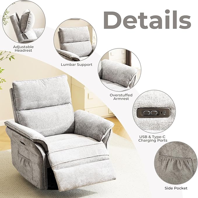 Oversized Power Recliner Chairs for Adults with Massage and Heat, Power Swivel Rocker Recliner Chair with Adjustable Headrest, 26" Extra Wide Rocker Nursery Recliner with USB Port, Light Grey
