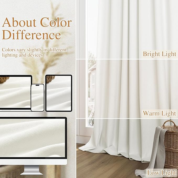 Guken Ivory Linen Blackout Curtains 95 Inch Length 2 Panels Set for Living Room Bedroom Back Tab Thermal Insulated 100% Black Out Linen Drapes Room Darkening Window Curtains 95 Inches Long
