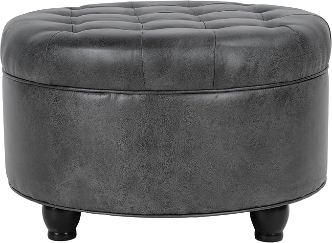 Homepop Home Decor |Button Tufted Faux Leather Round Storage Ottoman | Ottoman with Storage for Living Room & Bedroom (Gray)