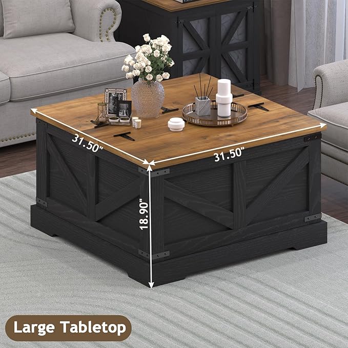Farmhouse Coffee Table with Hidden Storage Compartment, Black Square Coffee Table for Living Room, Wood Center Table with Hinged Lifting Tabletop for Home