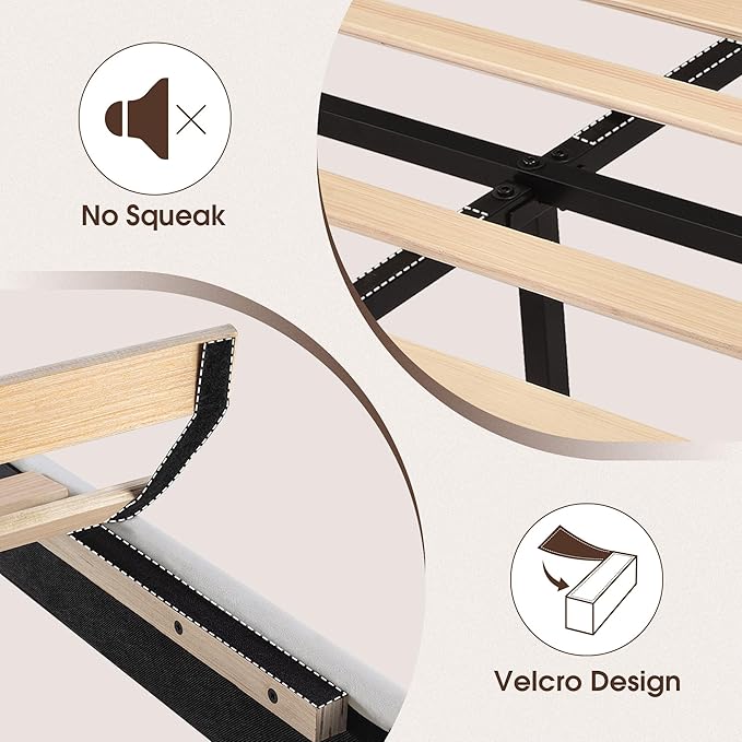 WEEWAY King Bed Frame Platform Bed with Velvet Upholstered Headboard and Wooden Slats Support, Heavy Duty Mattress Foundation, No Box Spring Needed, Easy Assembly, White