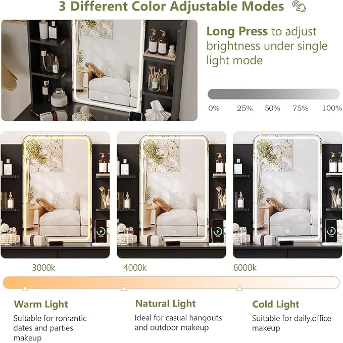 Small Vanity Desk with Mirror and Lights, Makeup Vanity with LED Lights, Black Vanity Mirror with Lighted Desk and Chair, 3 Lighting Adjustable Compact Dressing Table with Mirror for Women, Girls