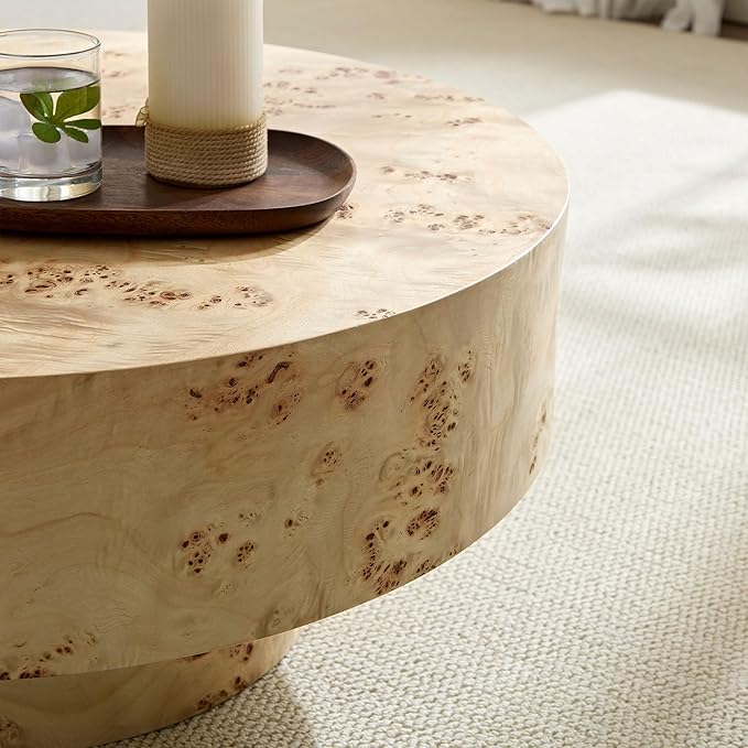 Round Coffee Table for Living Room, Accent Drum Coffee Table with Storage, Modern Burl Wood Vener Circle Center Tea Table for Small Space Apartment (31.5''D×14''H-Natural)