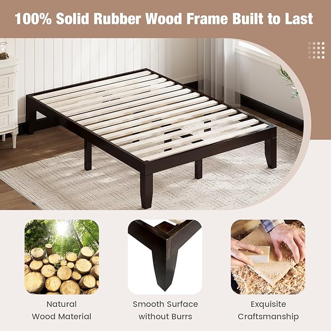 Giantex Full Wood Platform Bed Frame, 14 Inch Solid Rubber Wood Mattress Foundation, Heavy Duty Wooden Slats Support, No Box Spring Needed, Easy Assembly, Espresso