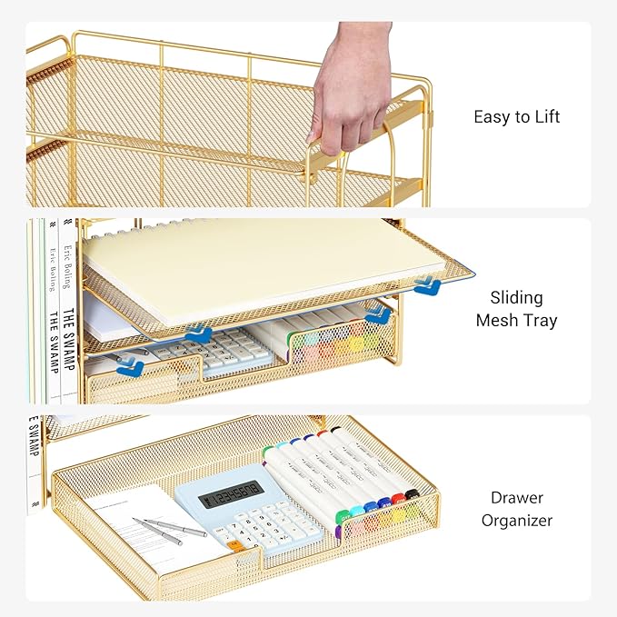 Desk Organizer and Accessories, 4-Tier Desktop File Organizer with Drawer and 2 Pen Holders, Office Desk Accessories for Office Supplies(Gold)