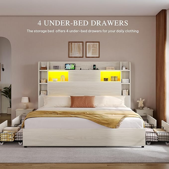 YITAHOME Queen Size Bed Frame with Bookcase Headboard and 4 Storage Drawers, RGB LED Bed Frame with Type-C & USB Charging Station Storage Headboard Bed, No Box Spring Needed, Noise Free, Antique White