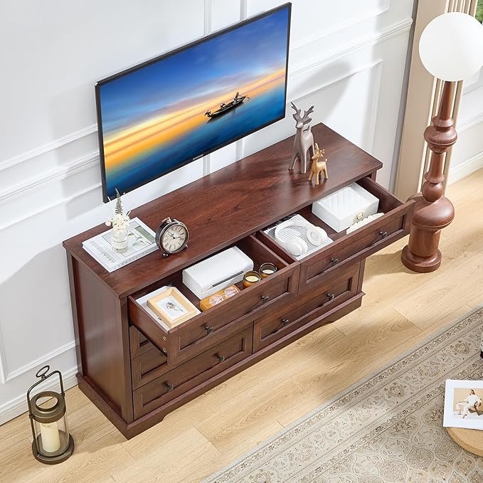 SOOWERY Dresser for Bedroom, Farmhouse Dresser with 8 Wooden Drawers and Storage Cabinet, 55 Inches Wide Chest of Drawers for Bedroom, Living Room, Hallway, Dark Cherry