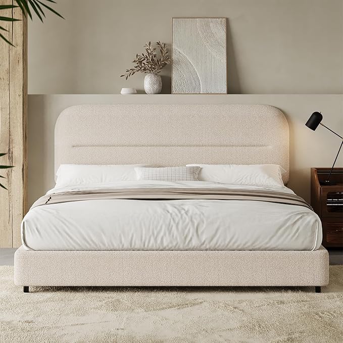 Full Size Boucle Bed Frame, Upholstered Cloud Bed with Headboard, Soft Bed Frames, Modern Style/Thickened Footboard/Rounded Corners Design/No Box Spring Required/Easy Assembly, Beige