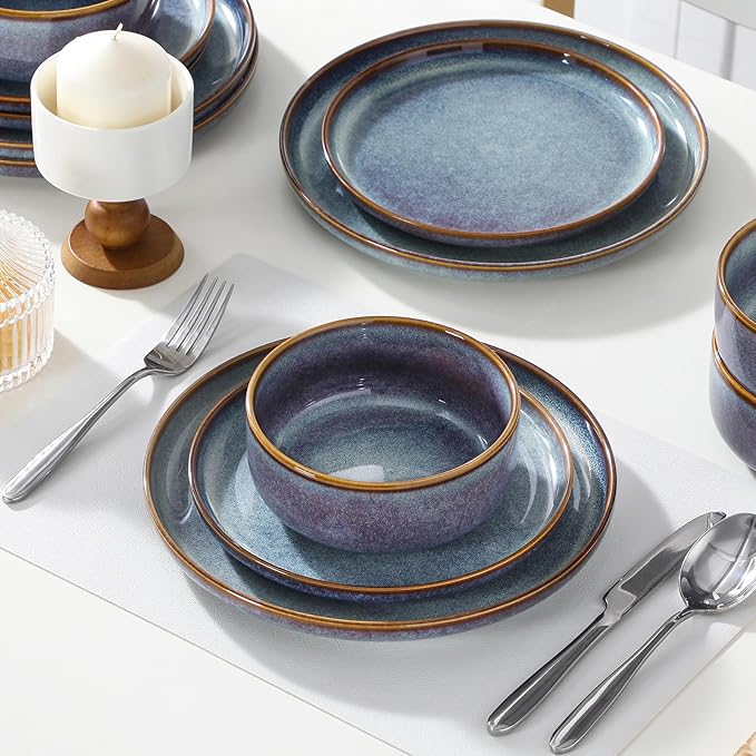 vancasso PLAYA Plates and Bowls Sets, 18 Pieces Grey-Blue Dinnerware Sets for Kitchen, Reactive Glaze Dishes Set for 6, Dishwasher and Microwave Safe