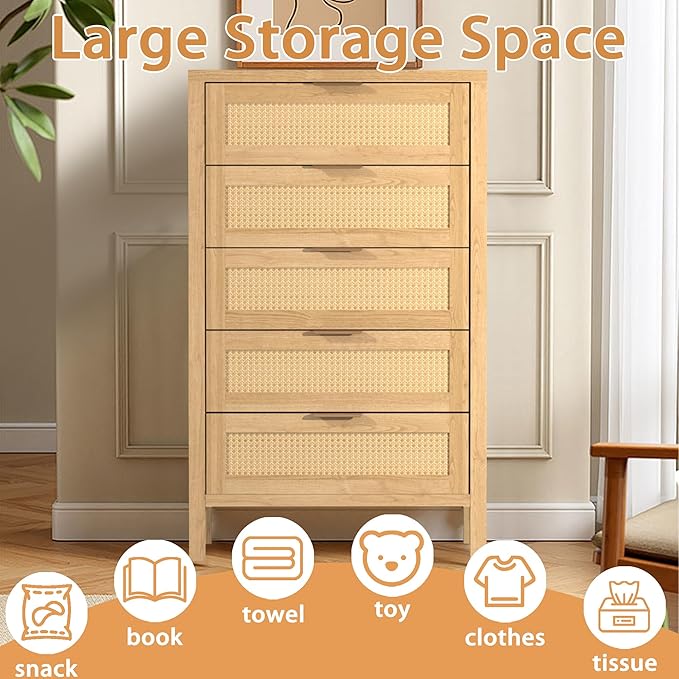 Wood 5 Dresser for Bedroom, Wide Rattan Drawer with Gold Handle for Bed Room, Hallway, Rustic Oak