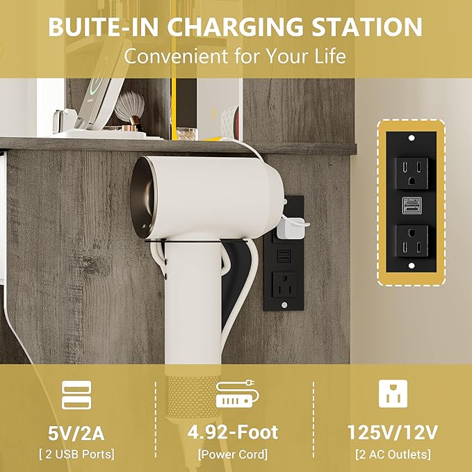 Vanity Desk with LED Lights Mirror & Power Outlet, Small Makeup Vanity Table Set with Storage Drawers & Chair, 3 Lighting Modes & Adjustable Brightness, Dressing Table for Women Girls Bedroom, Grey