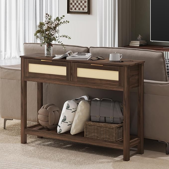 Console Tables with 2 Drawers,Rattan Entryway Table with Storage Shelf,Wood Boho Foyer Tables for Entryway,Farmhouse Console Tables for Living Room,Hallway, Sofa Table,Study Or TV Wall