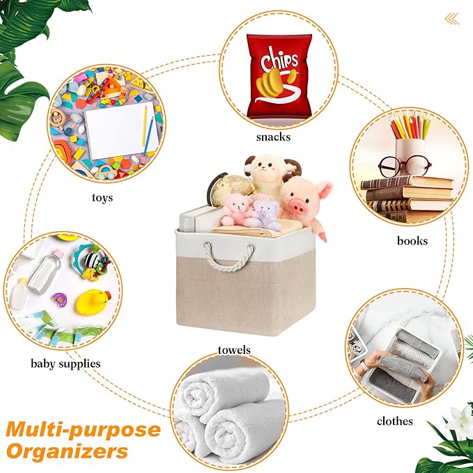 meekoo 8 Pack Collapsible Storage Bins Fabric Storage Bins Polyester Fabric Baskets with Handles Linen Closet Organizer for Shelf Home Closet Towels Toys(15 x 11 x 9.5 in,Beige)