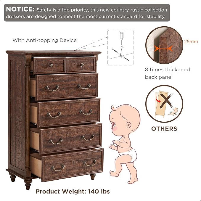 T4TREAM Farmhouse 6 Drawers Dresser Chests for Bedroom w/4 Solid Wood Feet & Column Decor, Tall Wood Country Rustic Chest of Drawers, Storage Dressers for Bedroom, Living Room,Reclaimed Barnwood Color