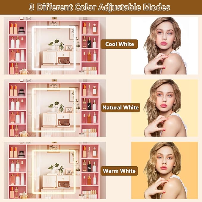 Pink Vanity Desk with Mirror and Lights, 43.4" Makeup Vanity Table Set with Lighted Mirror & RGB Glass Cabinet, 3 Drawers, Glass Top Dressing Table with Large Shelves for Girls, 3 Color Modes