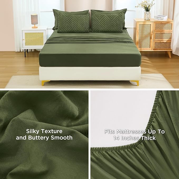 Andency Olive Green Full Size Comforter Sets with Sheets - 7 Pieces Bed in a Bag Boho Tufted Bedding Sets Fluffy Lightweight Full Bed Set with Comforter, Sheets, Pillowcases & Shams for All Season
