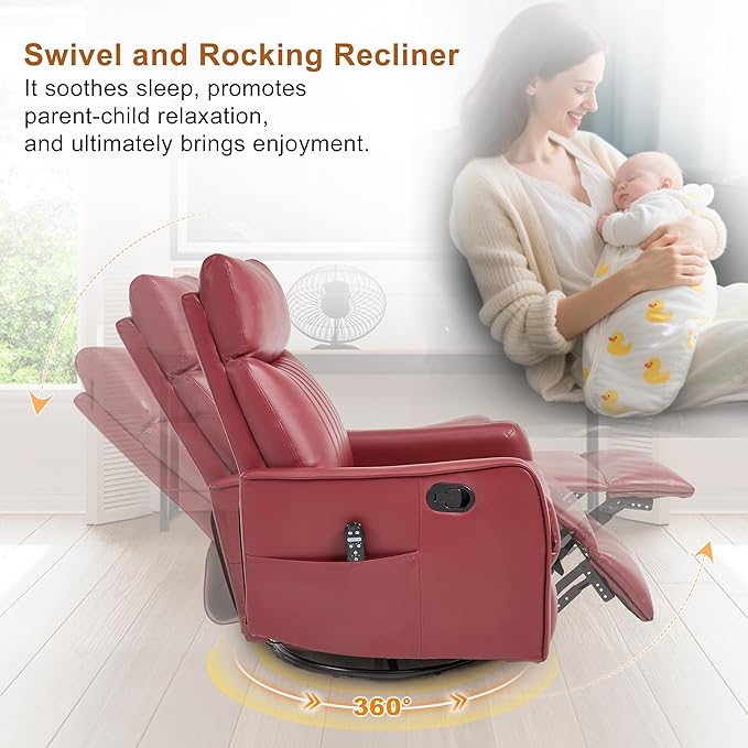 Manual Swivel Rocker Recliner Chair for Adults, Overstuffed Recliner Glider with Massage and Heat, Living Room Reclining Chair, PU Leather Red