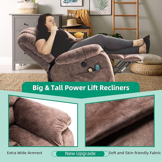 VIVIJASON Large Electric Power Lift Recliner Chair with Heat & Massage for Elderly People, Heavy Duty and Safety Motion Overstuffed Recliners with 2 Remote Controls, Side Pockets & USB Ports, Brown