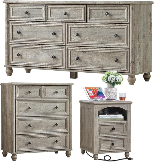 Farmhouse Dressers & Night Stand Set of 3, Wood 54" Wide 7 Drawer Dresser & 35.5"Tall Chest of Drawers, 18" with Charging Station Nightstand, Bedroom Furniture Dresser Set for Home Living Room Hallway