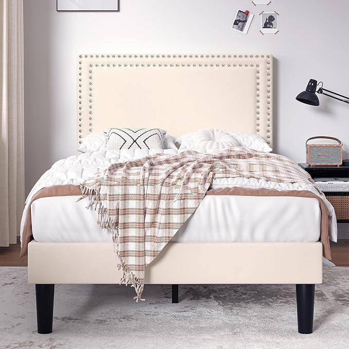 VECELO Twin Size Bed Frame with Adjustable Upholstered Headboard, Strong Wood Slats Platform Support, No Box Spring Needed, Easy Assembly