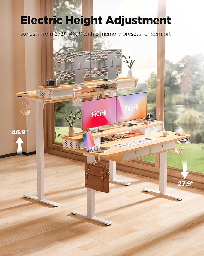 FiCiHi Adjustable Height Standing Desk with 4 Drawers,55 x 24 inches Electric Sit Stand Home Office Desk with Two Tiers, 3 Memory Presets, Monitor Stand Riser, C-Clamp Mount Compatible