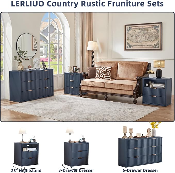LEYAOYAO Fluted 6 Drawers Dresser Set of 2, 48" Wide Modern Chest of Drawers with Metal Handle, Navy Blue Curved Profile Dresser TV Stand, Wooden Drawer Organizer for Bedroom, Living Room, Hallway