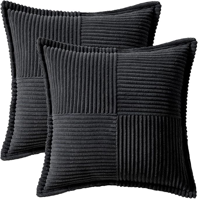 MIULEE Decorative Throw Pillow Covers for Couch Bed Livingroom 20x20 Inch Set of 2 Black Boho Accent Throw Pllows Broadside Striped Patchwork Soft Corduroy Pillowcases
