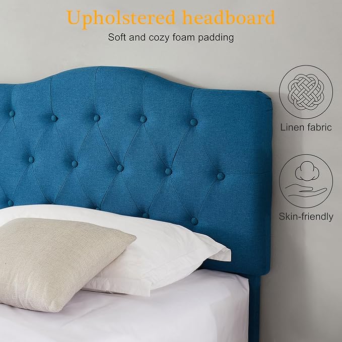 VECELO Twin Size Platform Bed Frame with Fabric Upholstered Headboard and Wooden Slats Support, No Box Spring Needed/Easy Assembly,Blue