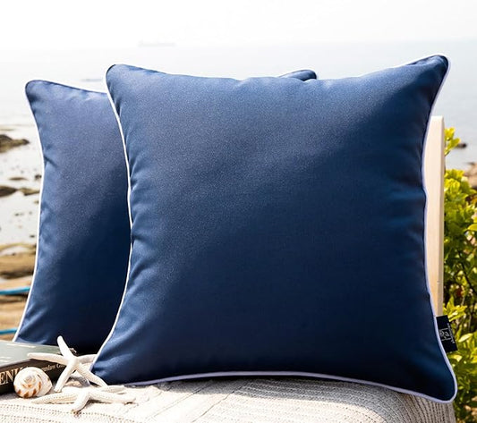 Phantoscope Pack of 2 Outdoor Waterproof Throw Pillow Covers with Contrast Piping, Decorative Square Cushion Case Patio Pillows for Couch Tent Sunbrella, Dark Blue 18x18 inches