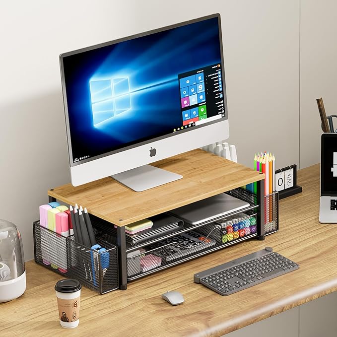 Desk Organizers and Accessories, 2-Tier Computer Monitor Stand with Drawer and 2 Pen Holders, Laptop Stand, Office Desk Accessories for Office Supplies, Oak