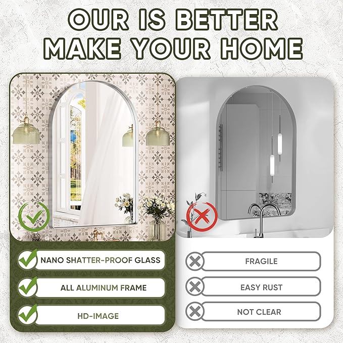 Suidia 22" x 30" Bathroom Mirror, Bathroom Vanity Mirror Metal Framed, Wall-Mounted Mirrors for Bedroom, Living Room, Entryway, Hallway, Silver, Arch Style