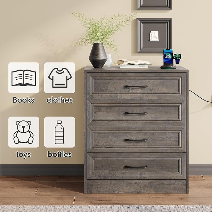 Fameill Dresser for Bedroom, 4 Drawer Small Dresser Organizer with Charging Station for Livingroom, Chest of Drawers with Metal Handles, Ash Grey
