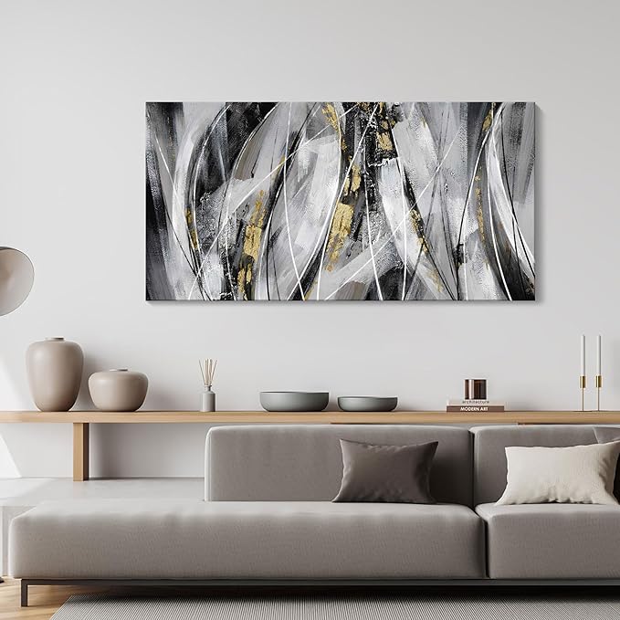 KLAKLA Black and Gold Abstract Wall Art - Big Picture for Living Room Wall - Black and White Canvas Art Work for Home Decor Bedroom Wall Decoration