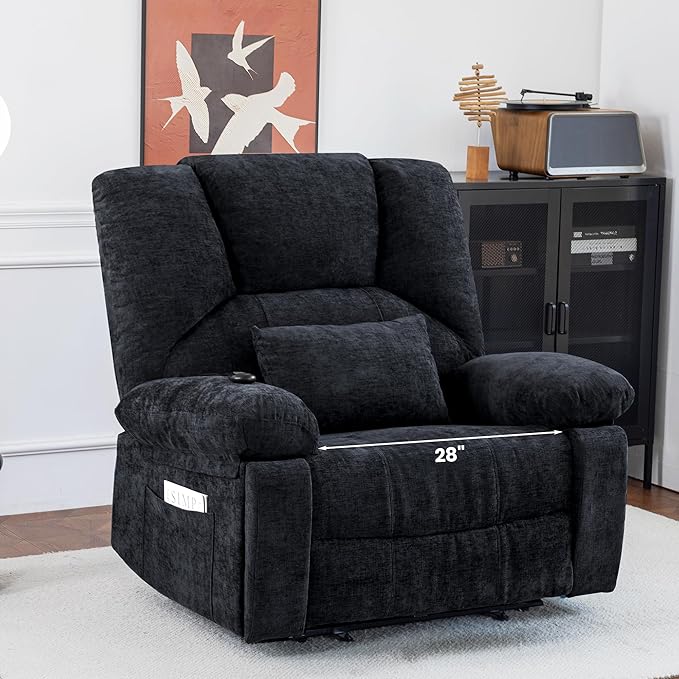 Oversized Power Recliner Chair 350lb with Hidable Cup Holders, Extra Wide Large Big Electric Recliner Chair with Lumbar Support Pillow Nursery Chair Living Room (Power, Black)