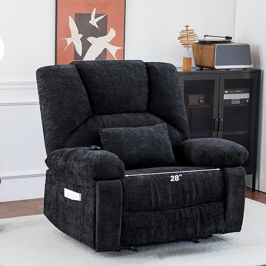 Oversized Power Recliner Chair 350lb with Hidable Cup Holders, Extra Wide Large Big Electric Recliner Chair with Lumbar Support Pillow Nursery Chair Living Room (Power, Black)