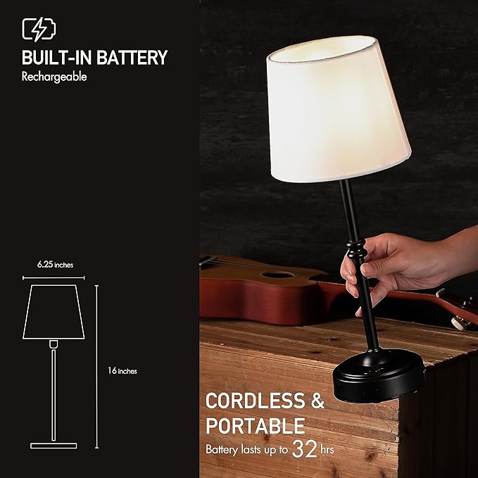 O’Bright Seraph - Cordless LED Table Lamp with Dimmer, Built-in Rechargeable Battery, 3-Level Brightness, Patio Table Lamp, Bedside Night Lamp, Ambient Light for Restaurant, Black