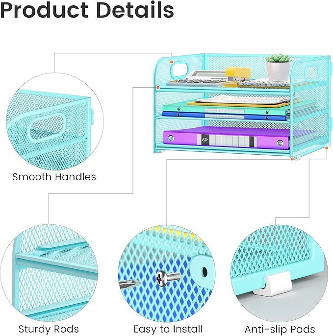 3 Tier Paper Organizer with Handle, Metal Desk Organizer Mesh Paper Letter Tray Desktop File Folder Document Sorter for Classroom, School, Office Accessories Organization and Storage - Blue